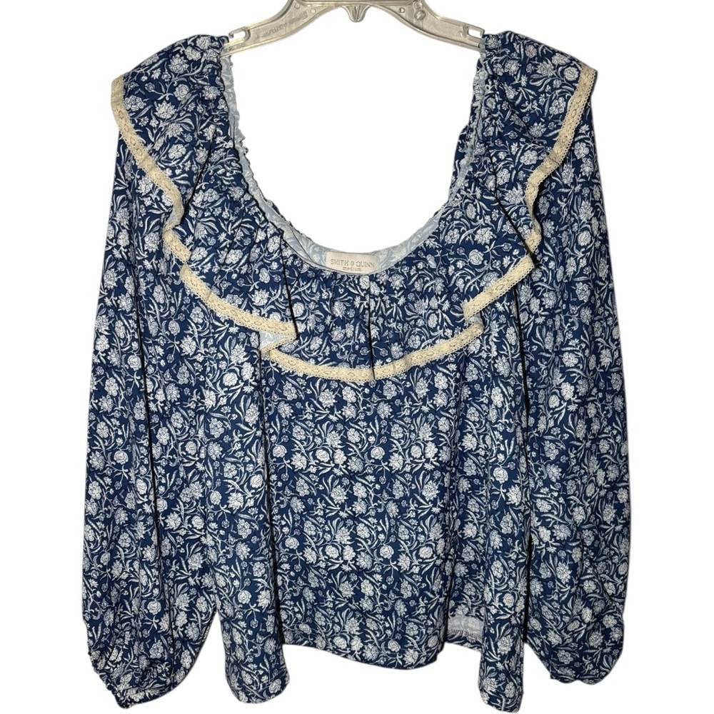 Smith And Quinn Blue Floral Ruffle Blouse Size Medium Womens Long‎ Sleeve